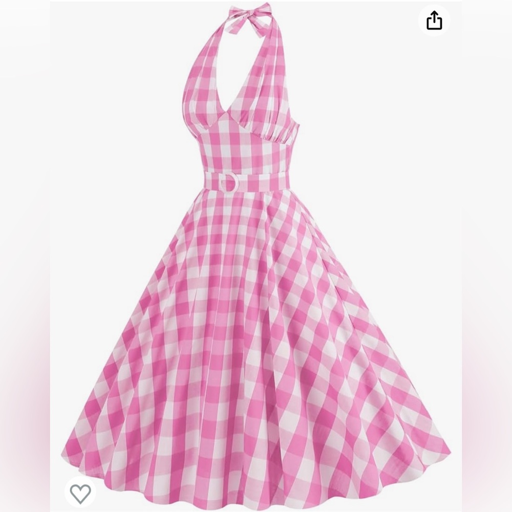 Women Vintage 1950s Barbie Pink Gingham Dress Halloween Costume Cosplay Party S